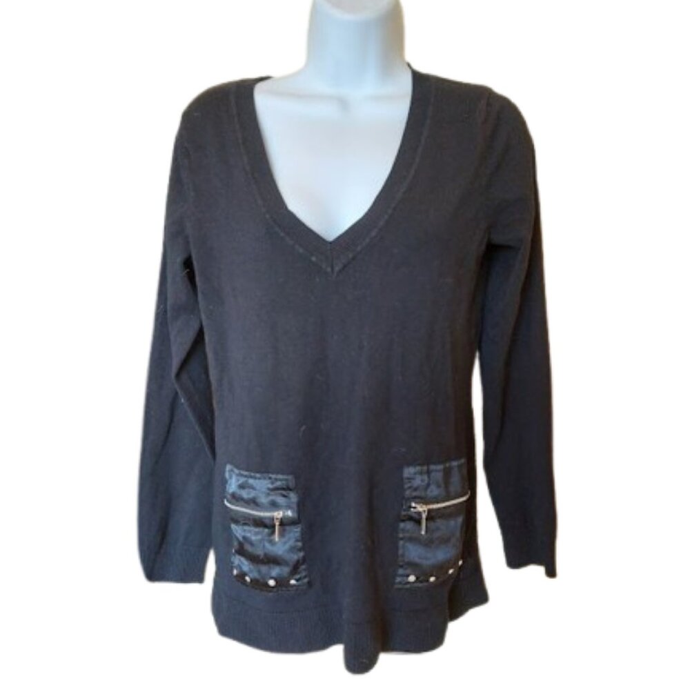 ---  V-Neck Long Black Tunic Sweater Size Small  Fits Medium / Large